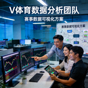 v体育数据分析团队在工作站前讨论赛事数据可视化方案